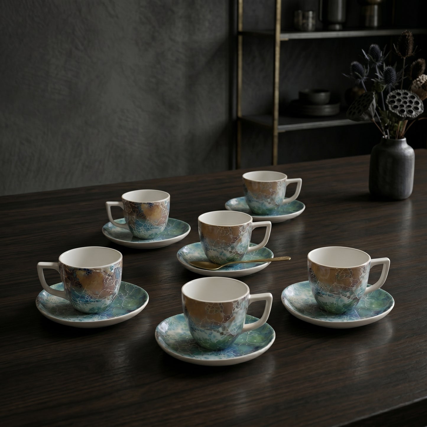 Tachiso Ocean Marble Design Cup & Saucer Set with Spoon – Premium Tea & Coffee Set