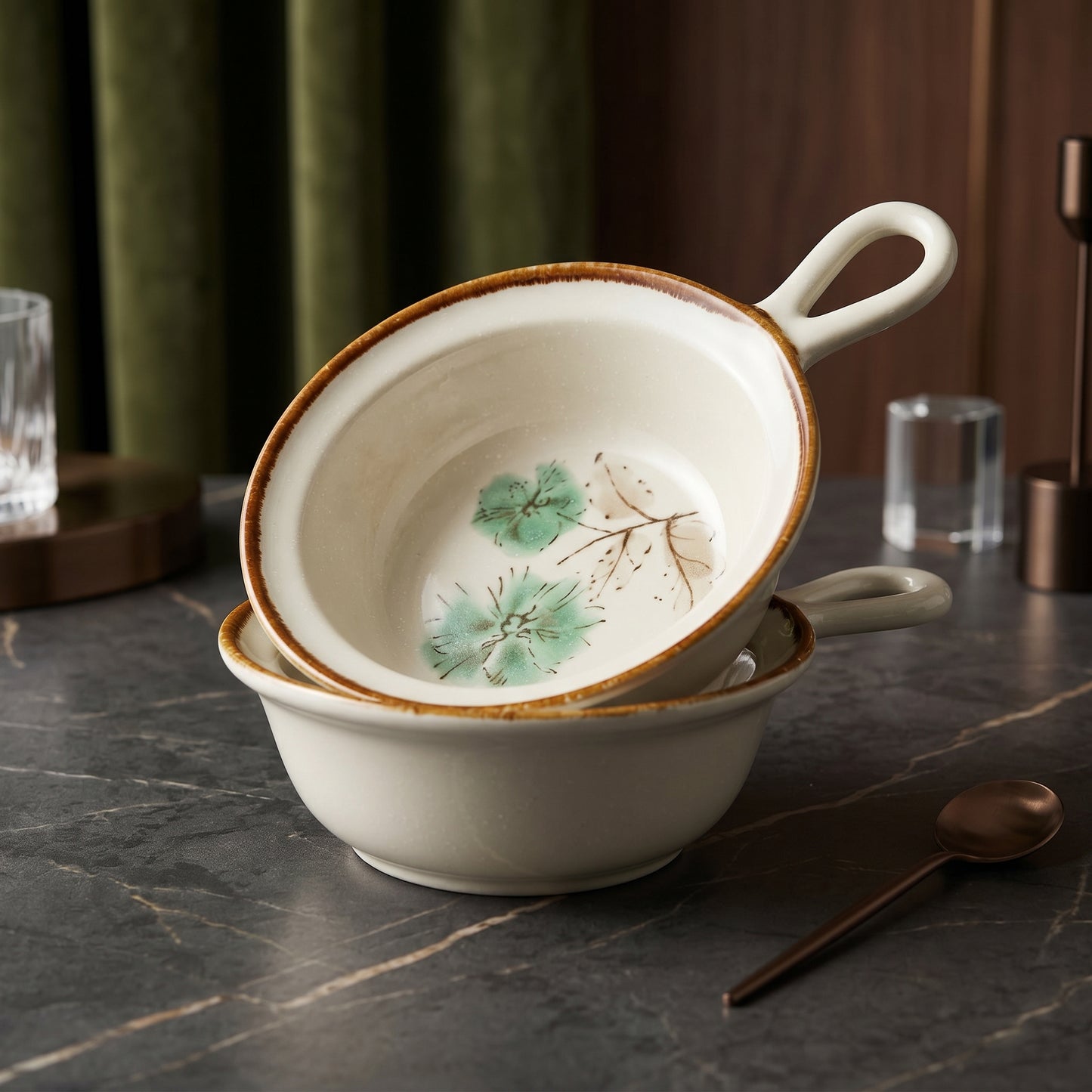 Tachiso Vintage Leaf Design Soup Bowl with Handle – Ceramic Serving Bowl Set