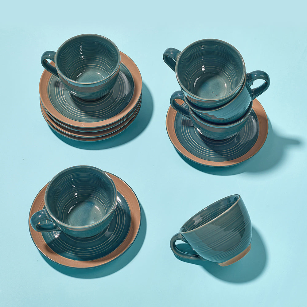 Earthen Green Ceramic Tea Cup & Saucer Set (12 Pieces)