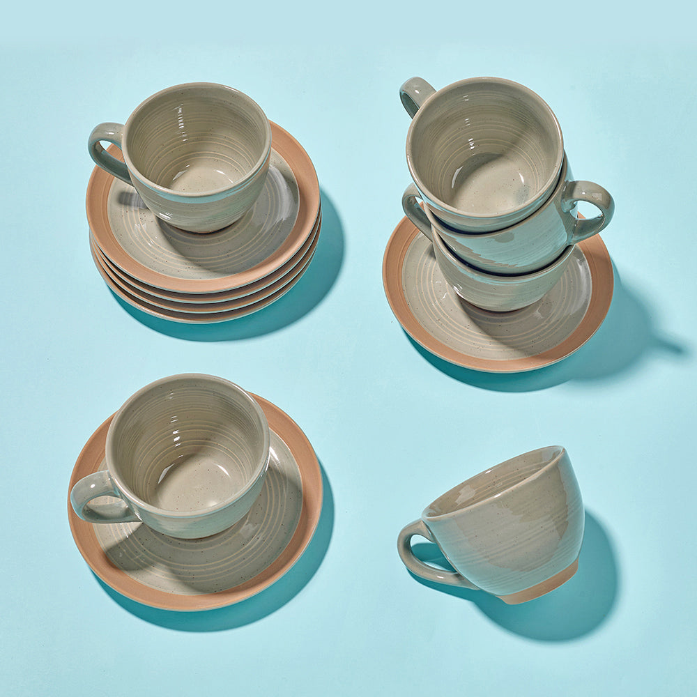 Earthen Mist Ceramic Tea Cup & Saucer Set (12 Pieces)