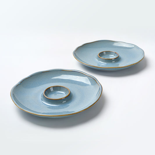 Minimalist Blue Ceramic Ringed Plates (Set of 2)