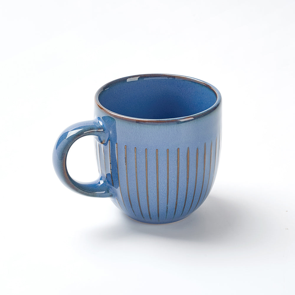 Blue Ribbed Ceramic Mug Set (6 Pieces)