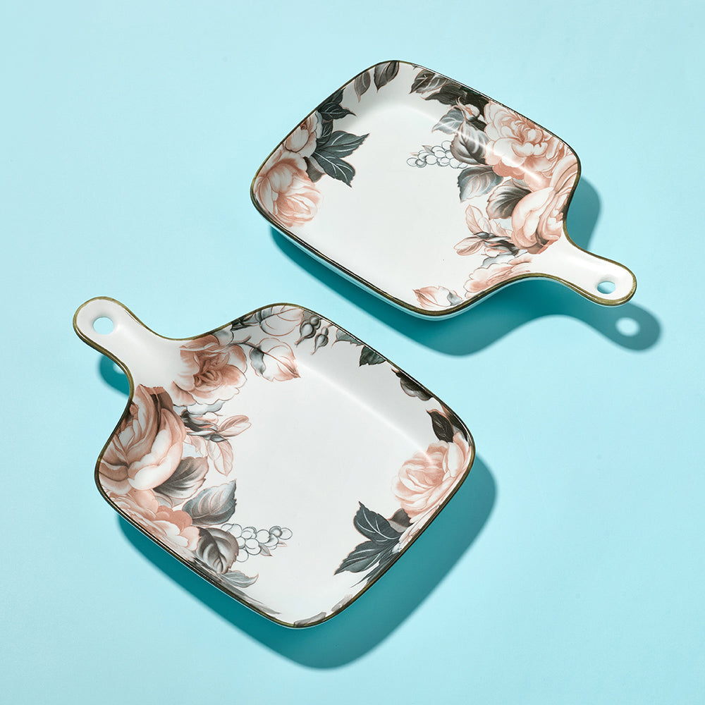 Elegant White Floral Ceramic Snack Plates (Set of 2)