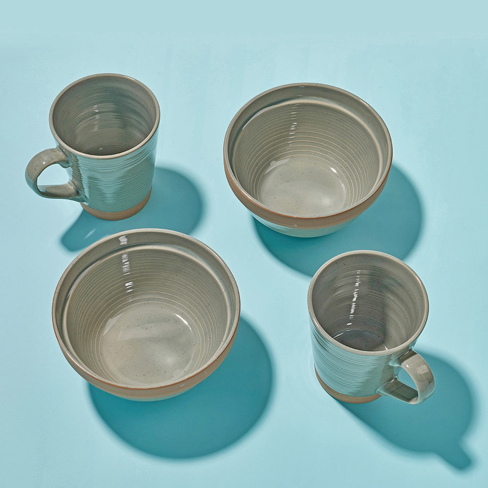 Earthen Mist Ribbed Breakfast Ceramic Cup and Bowl Set (4 Pieces)