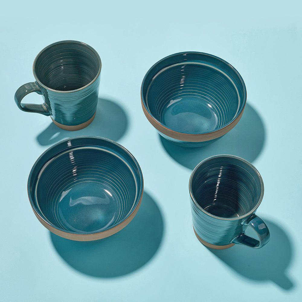 Earthen Green Ribbed Breakfast Ceramic Cup and Bowl Set (4 Pieces)