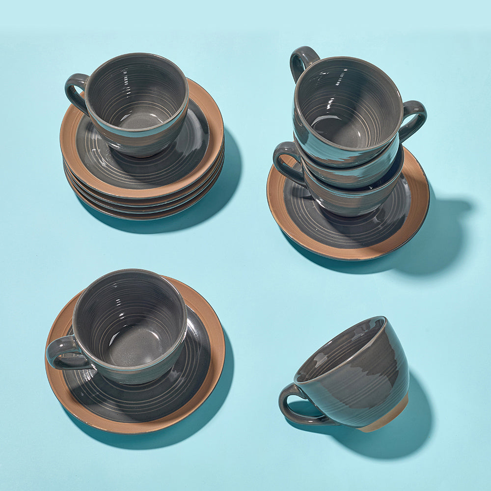 Earthen Gray Ceramic Tea Cup & Saucer Set (12 Pieces)