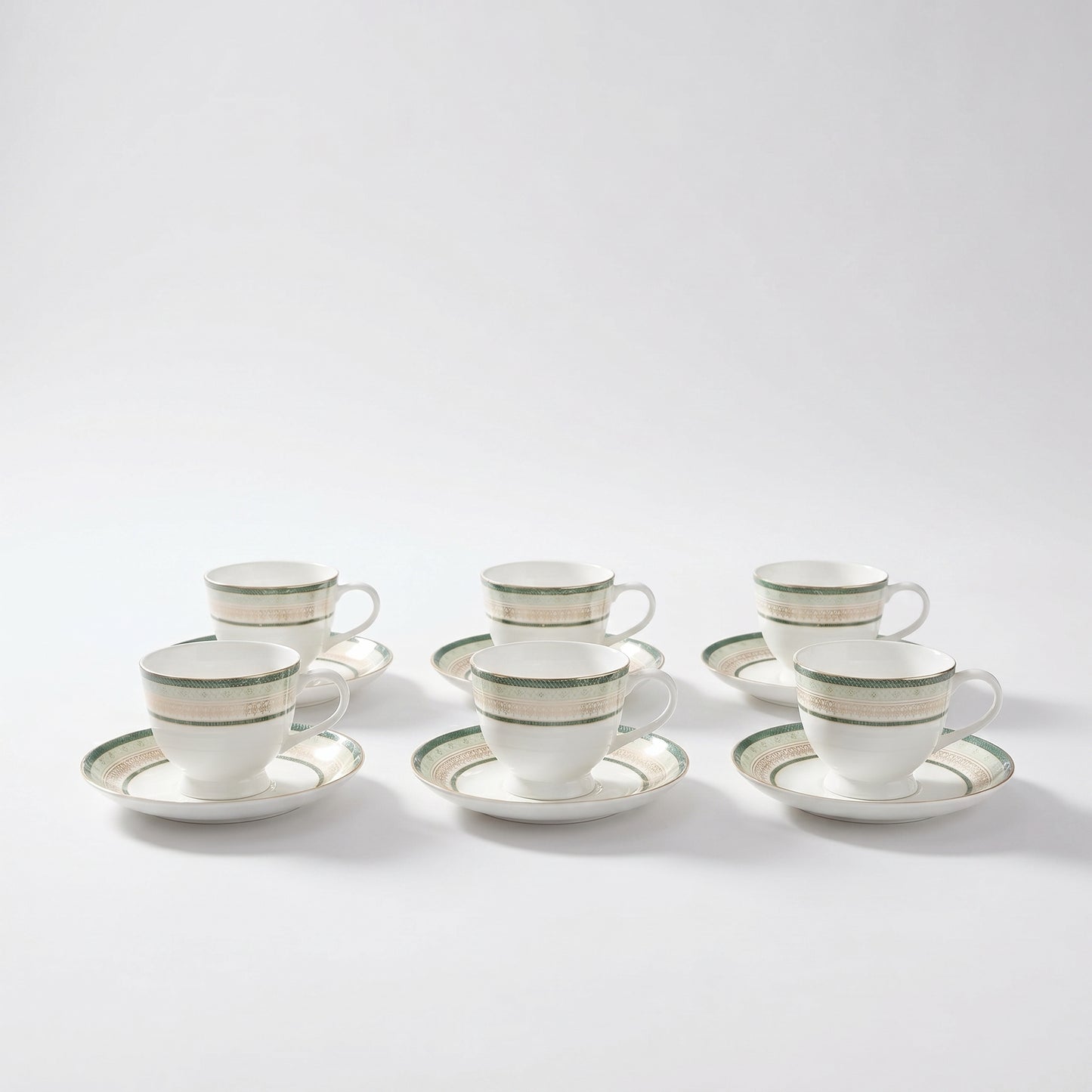 Premium Bone China Tea Cup & Saucer Set – 6 Pieces Elegant Green Border Design