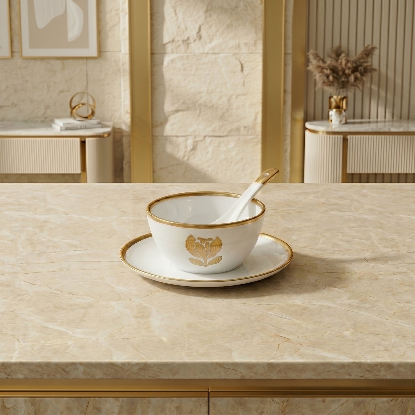 Tachiso Elegant Gold Line Bowl Set with Spoon – Premium Dessert Serving Set