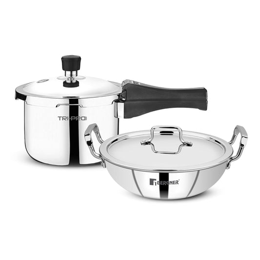 Bergner Tripro Triply Cookware Set – 3L Outer Lid Pressure Cooker & 24cm (3L) Kadai with Lid | Induction & Gas Compatible