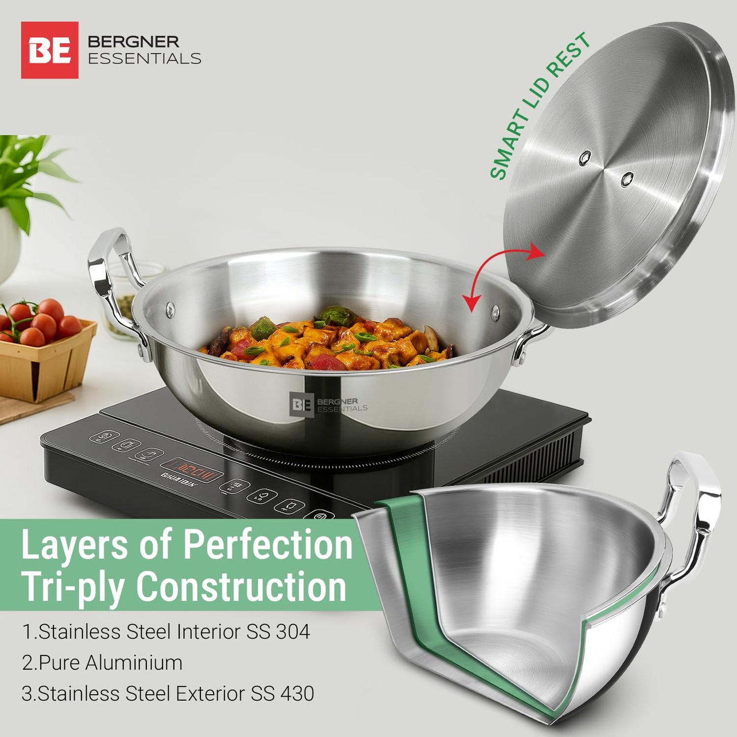 Bergner Tripro Triply Cookware Set – 3L Outer Lid Pressure Cooker & 24cm (3L) Kadai with Lid | Induction & Gas Compatible