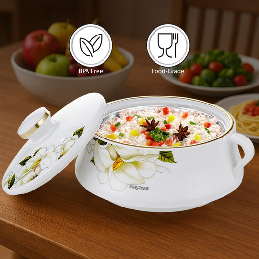 Nayasa Floral Plastic Insulated Casserole Set of 3 (500ml, 1000ml & 1500ml) – White