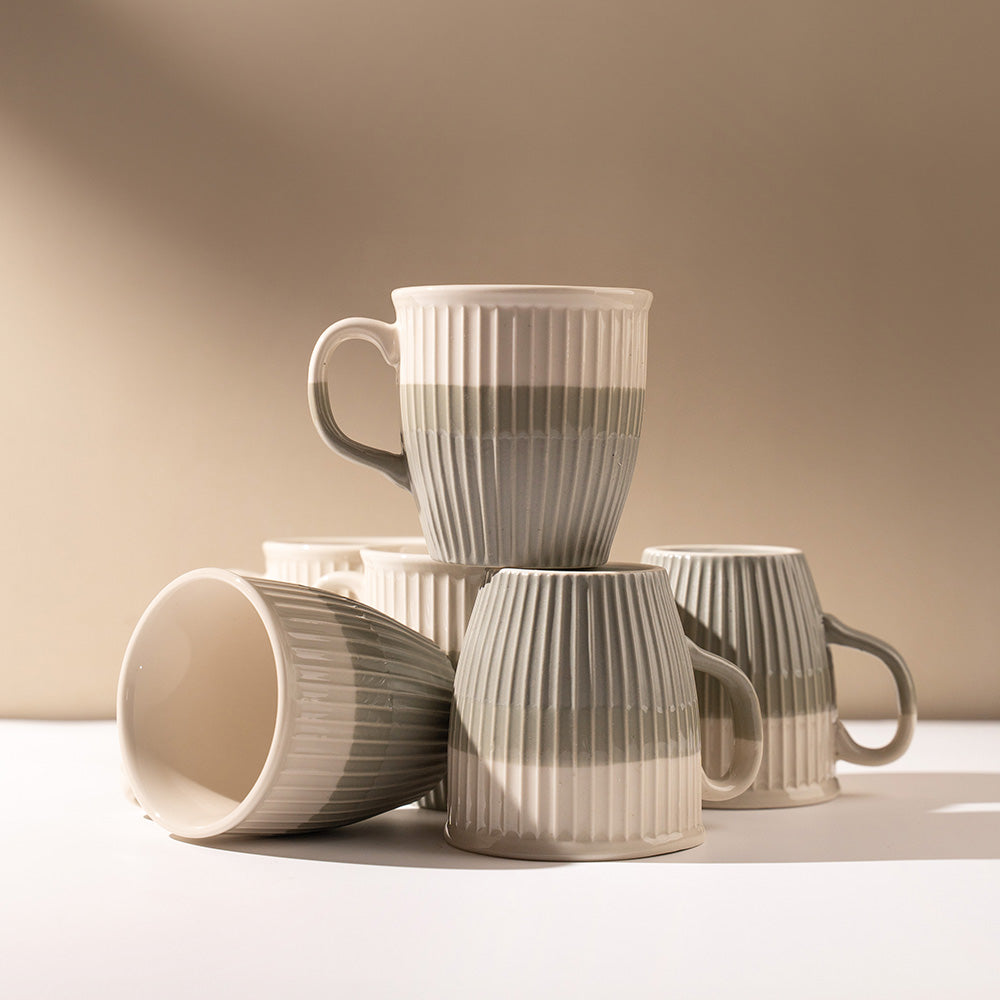 Classic Cream Ceramic Mug Set – 6 Pcs | Elegant Ribbed Design