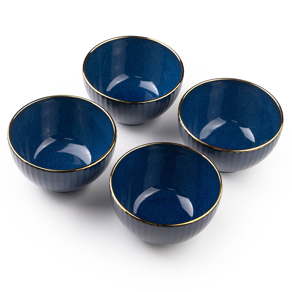Elegant Blue Ceramic Bowl Set with Golden Rim – 4 Pcs