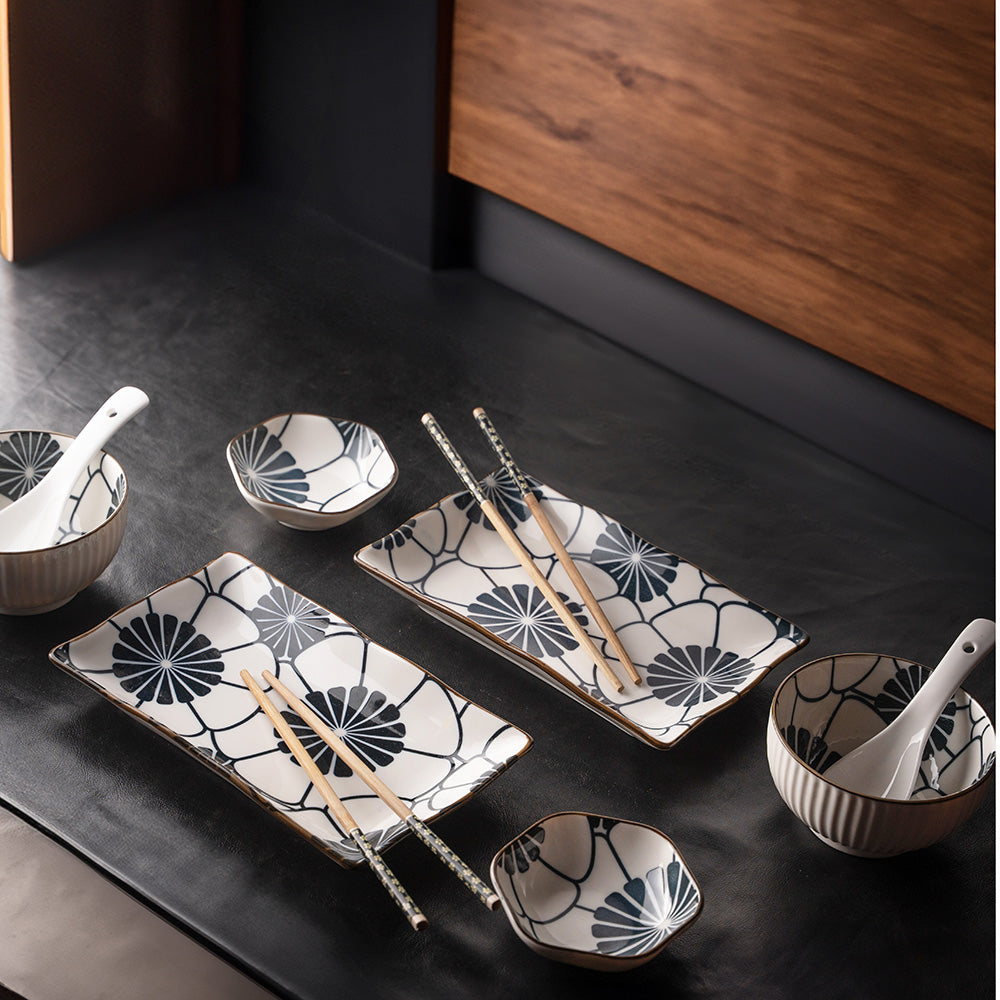 Japanese Style Ceramic Sushi Dinner Set – 2-Person Serving Set with Plates, Bowls, Chopsticks & Spoons