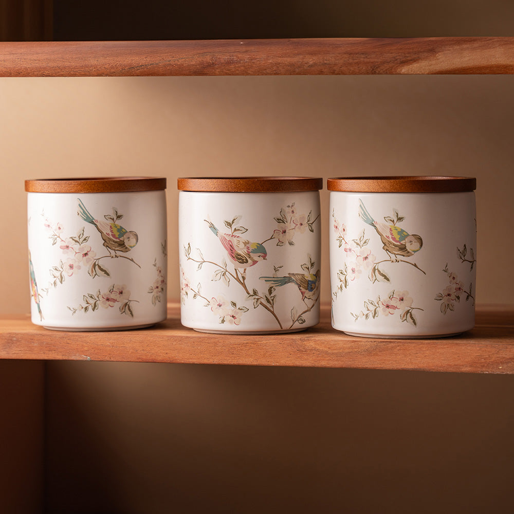 3-Piece Ceramic Storage Jar Set with Wooden Lids – Floral Bird Print Kitchen Containers