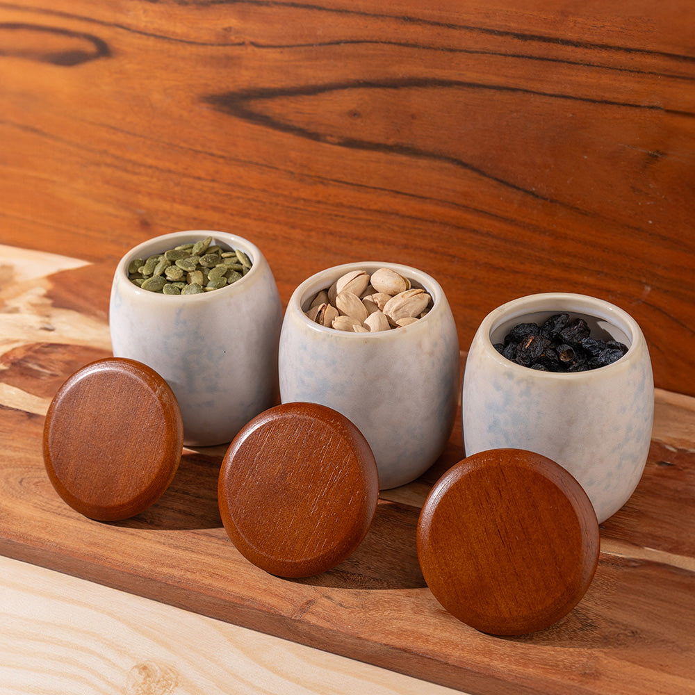 3-Piece Ceramic Storage Jar Set with Wooden Lids – Minimalist Marbel Finish Kitchen Containers