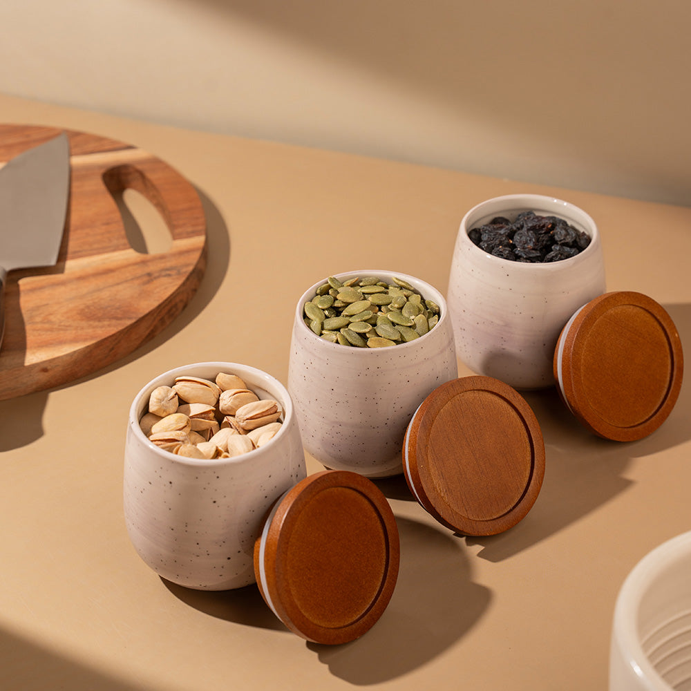 3-Piece Ceramic Storage Jar Set with Wooden Lids – Minimalist Matte Finish Kitchen Containers