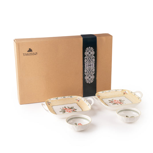 Floral Ceramic Serving Bowl & Platter Set – Elegant 4-Piece Dinnerware Collection