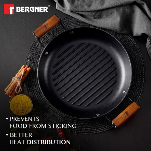 Odin 28 cm Lightweight Iron Grill Plate with Induction Base & Wooden Coated Handle