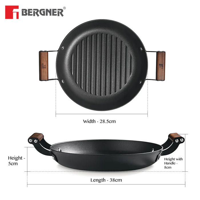 Odin 28 cm Lightweight Iron Grill Plate with Induction Base & Wooden Coated Handle