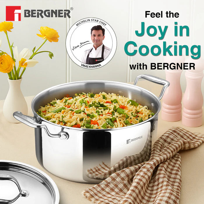 Argent Tri-Ply Stainless Steel Casserole | Even Heat Distribution | Less Oil Use | Durable & Healthy Cooking | Induction & Gas Compatible