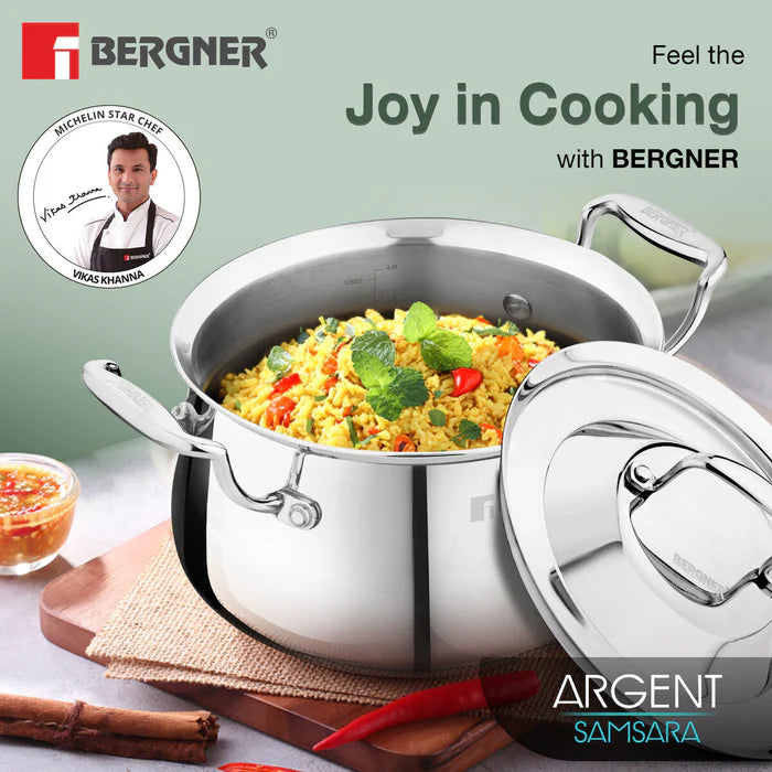 Argent Samsara Tri-Ply Stainless Steel Biryani Handi | Induction Bottom | Durable & Food-Safe Cookware