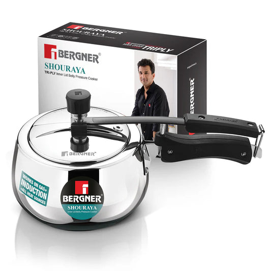 Shouraya TriPly Stainless Steel Inner Lid Belly Pressure Cooker 2.5 L | Rivetless Technology | Even & Fast Heating | ISI Certified | Gas & Induction Compatible