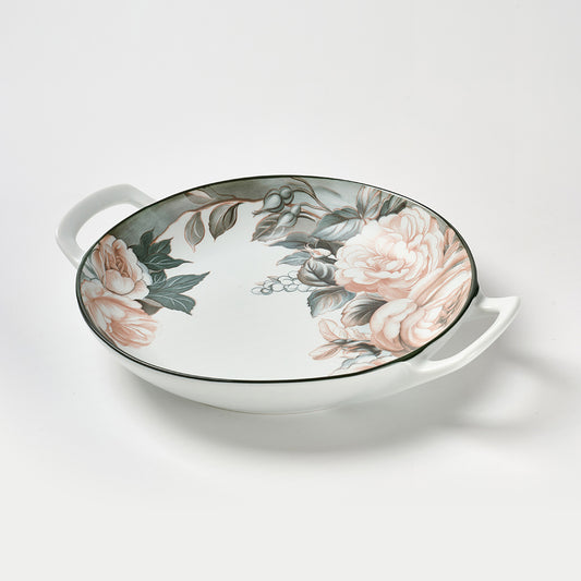 Vintage Rose Pattern Ceramic Serving Dishes with Dark Rim
