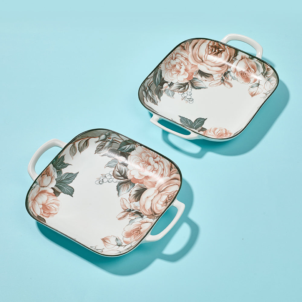 Vintage Rose Pattern Ceramic Serving Dish with Handles