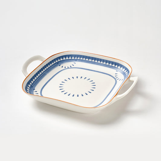 Blue and White Geometric Pattern Ceramic Baking Dishes with Handles