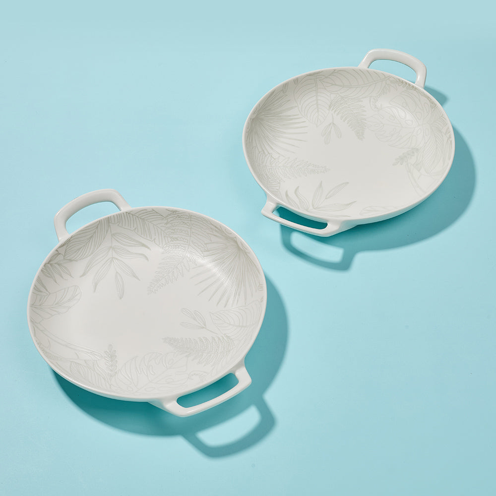 Embossed Tropical Leaf Ceramic Serving Dishes with Handles