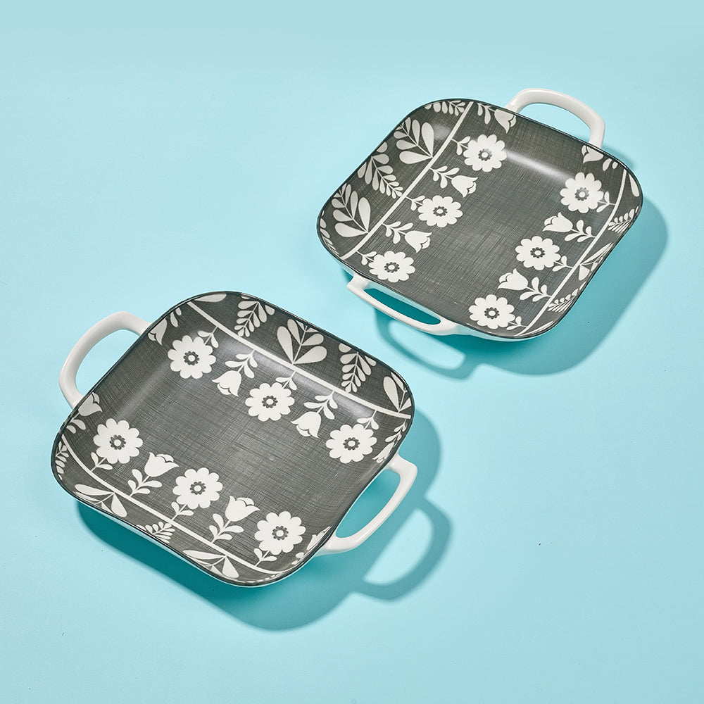 Gray and White Floral Pattern Ceramic Serving Dishes with Handles