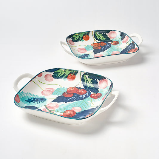 Cherry and Feather Print Ceramic Serving Dishes with Handles