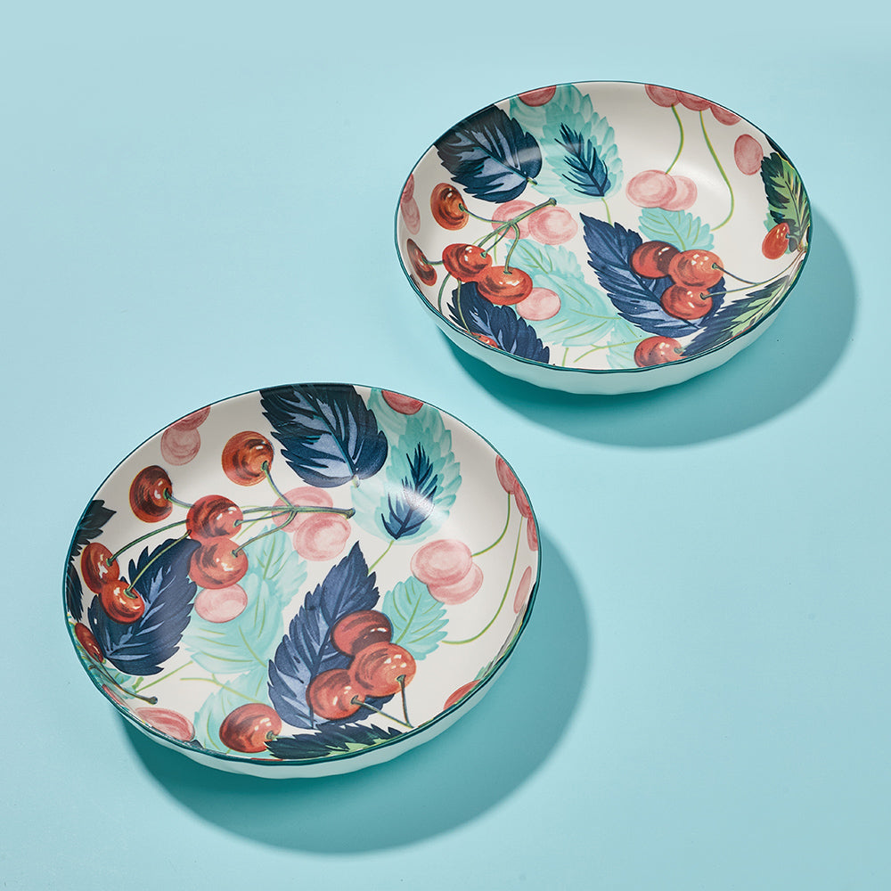 Hand-Painted Cherry and Feather Design Ceramic Plates