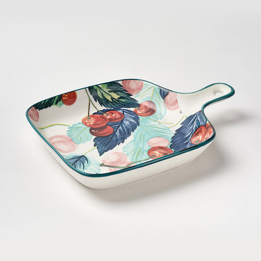 Cherry and Feather Print Ceramic Serving Set with Teal Rim