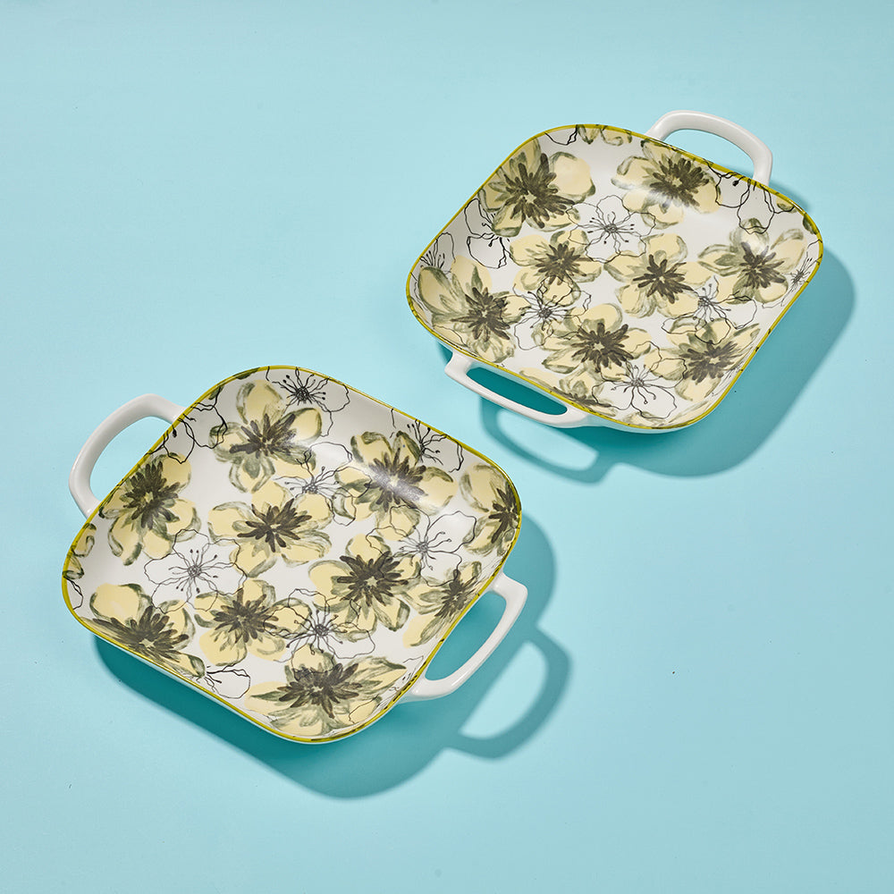 Yellow Floral Pattern Ceramic Serving Dishes with Handles