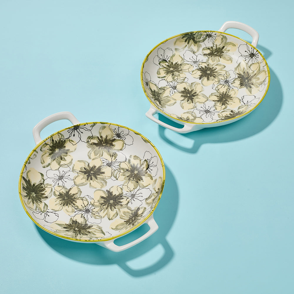Hand-Painted Yellow Flower Ceramic Baking Dishes with Handles