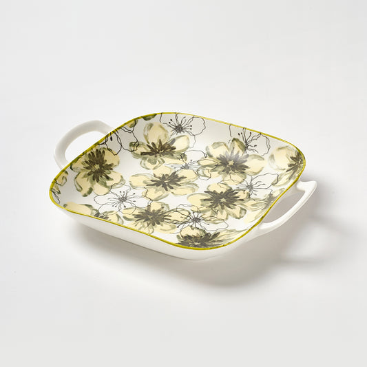 Yellow Floral Pattern Ceramic Serving Dishes with Handles