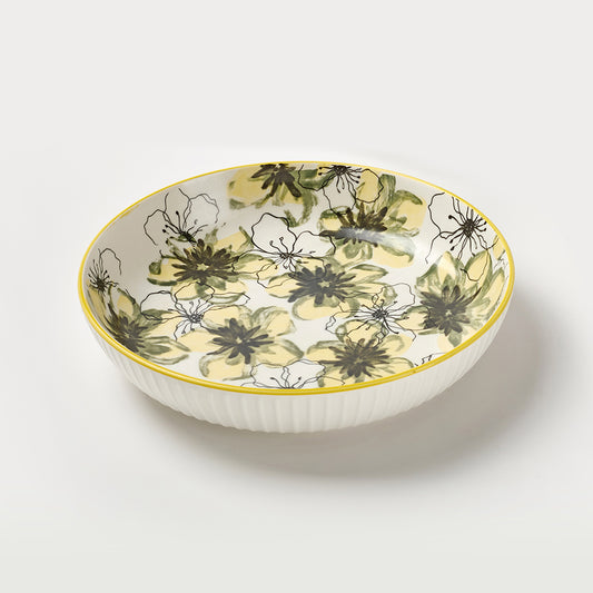 Yellow Floral Pattern Ceramic Bowl Set with Gold Rim