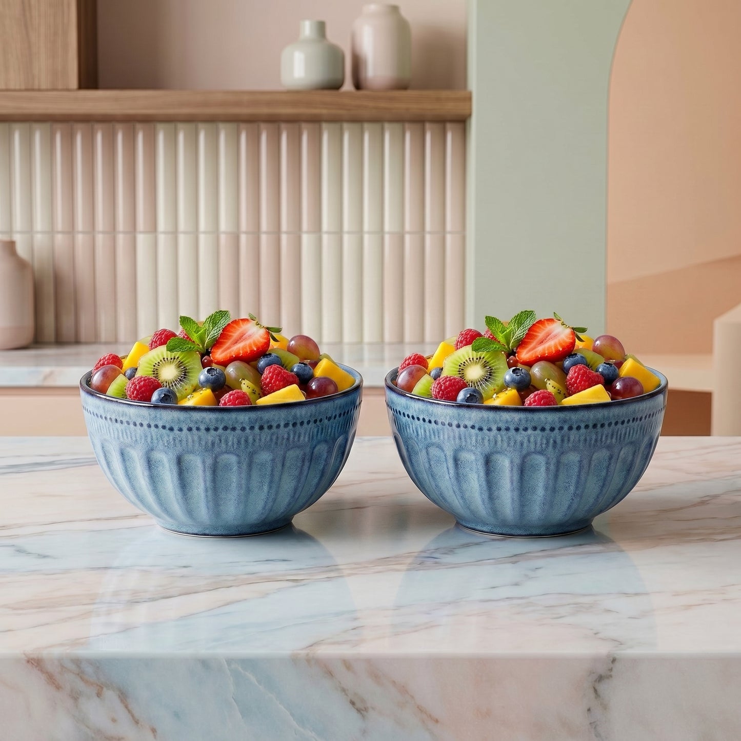 Premium Ceramic Bowl Set of 2 – Tachiso Blue Textured Serving Bowls