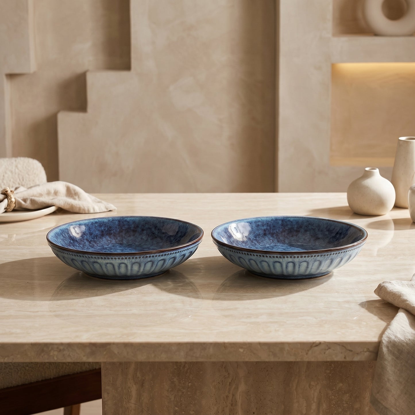 Premium Ceramic Serving Bowl Set (2 Pcs) – Tachiso Blue Textured Deep Plates