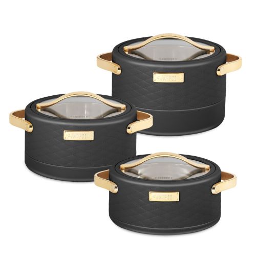 Jaypee Luxura Klass 3-Piece Insulated Casserole Set | Toughened Glass Lid | Leather Finish & Chrome Handles