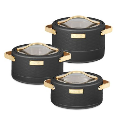 Jaypee Luxura Klass 3-Piece Insulated Casserole Set | Toughened Glass Lid | Leather Finish & Chrome Handles