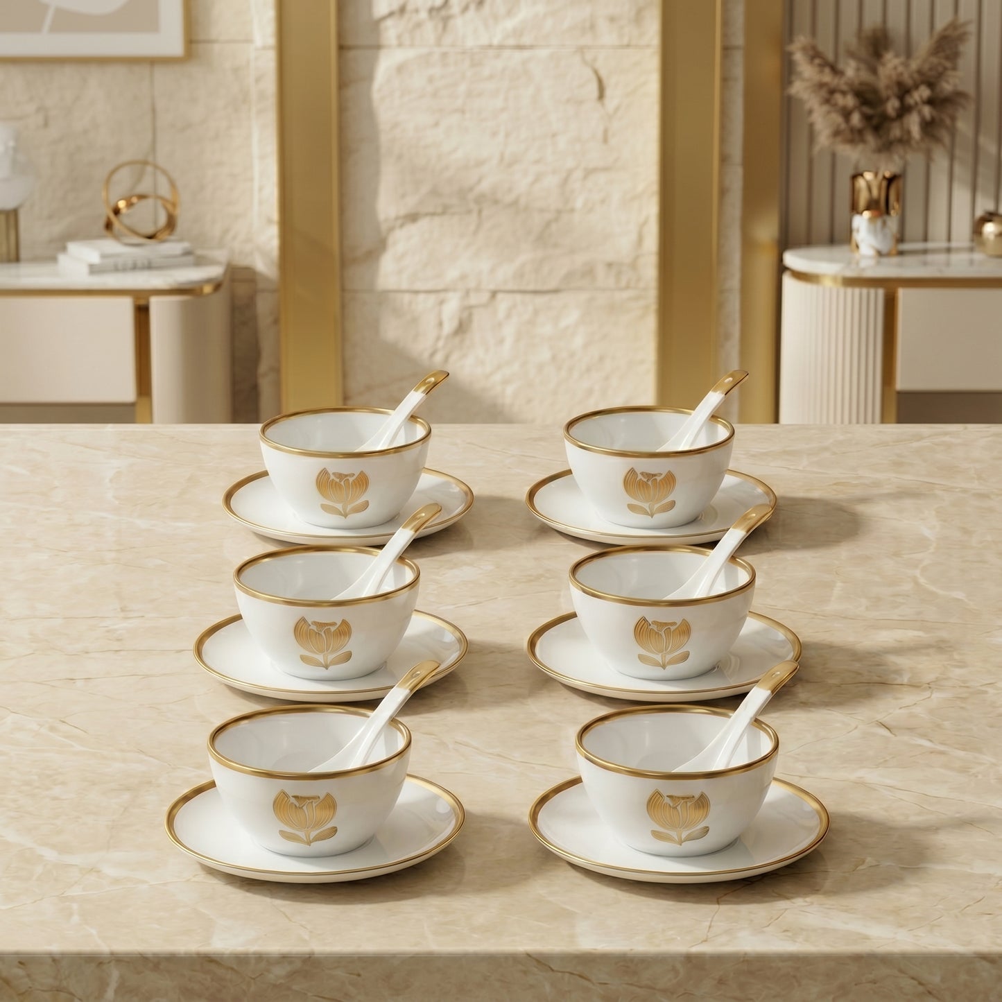 Tachiso Elegant Gold Line Bowl Set with Spoon – Premium Dessert Serving Set