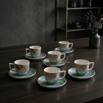 Tachiso Ocean Marble Design Cup & Saucer Set with Spoon – Premium Tea & Coffee Set