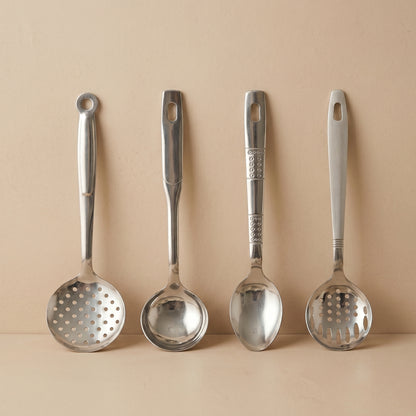 Stainless Steel Kitchen Spoon Set (4 Pcs) – Ladle & Strainer Combo
