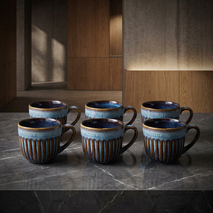 Premium Ceramic Mug Set of 6 – Tachiso Blue Ribbed Design Coffee & Tea Cups