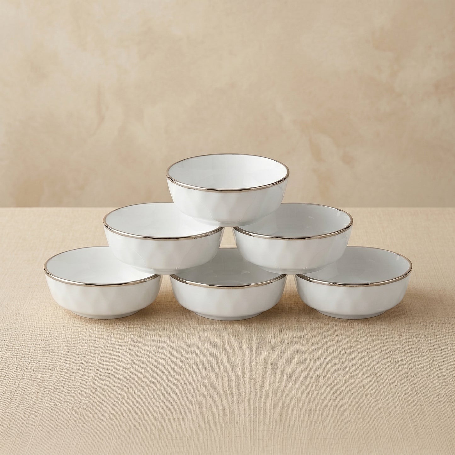 Tachiso Classic White Gold Rim Bowl Set – Premium Ceramic Serving Bowls (Set of 6)