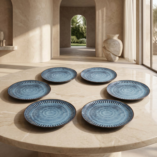 Premium Ceramic Dinner Plate Set of 6 – Tachiso Blue Textured Serving Plates