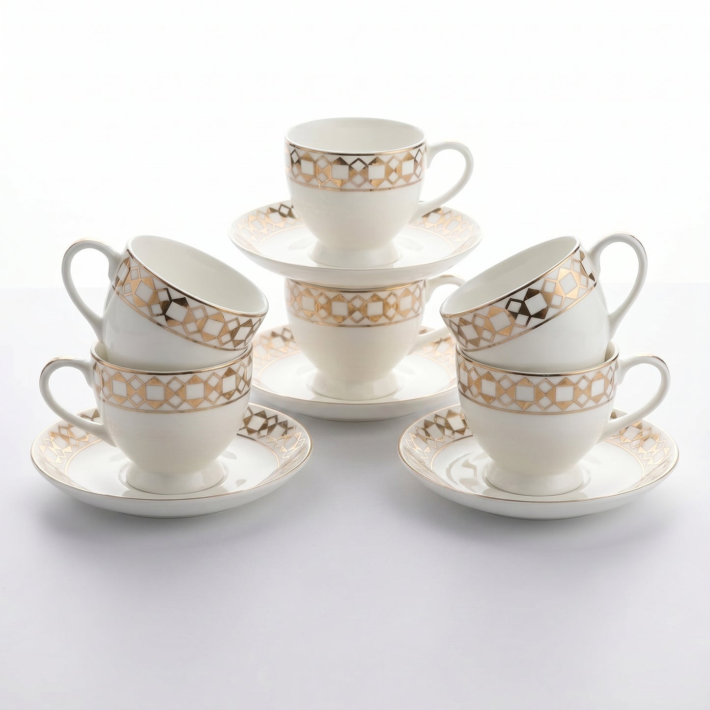 Premium Gold Pattern Tea Cup & Saucer Set (6 Pieces) – Tachiso Elegant Ceramic Coffee Cups